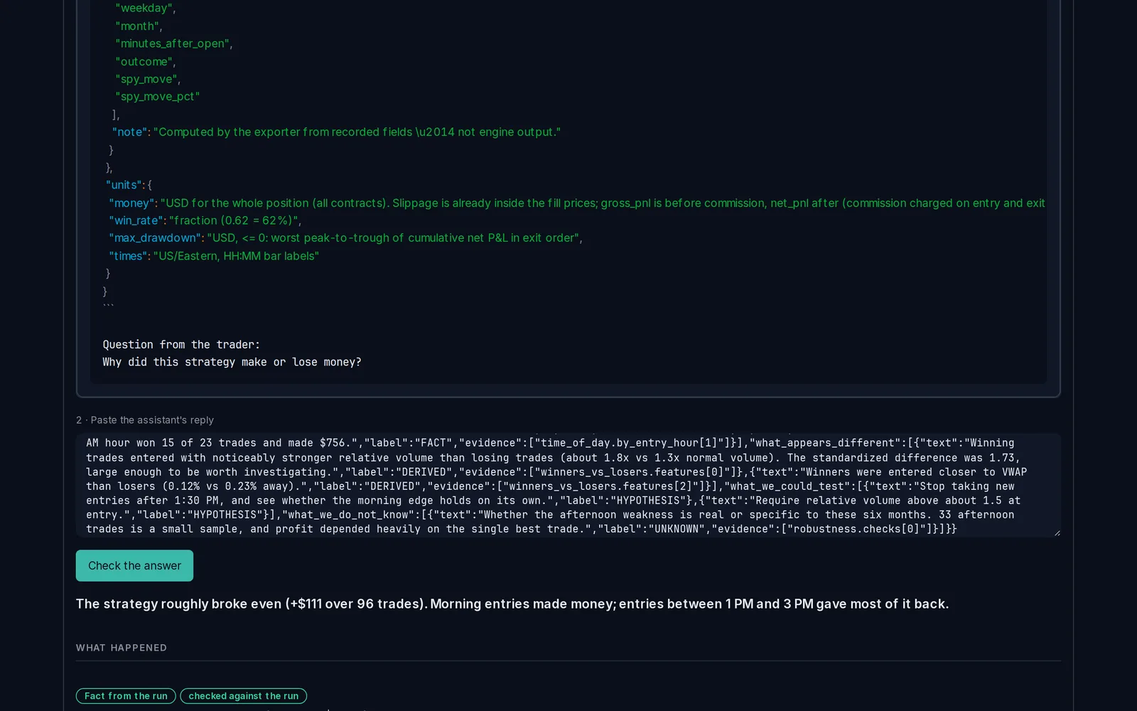AI Strategy Analysis answer: a summary, then labelled Fact from the run statements about time-of-day results, each checked against the run.