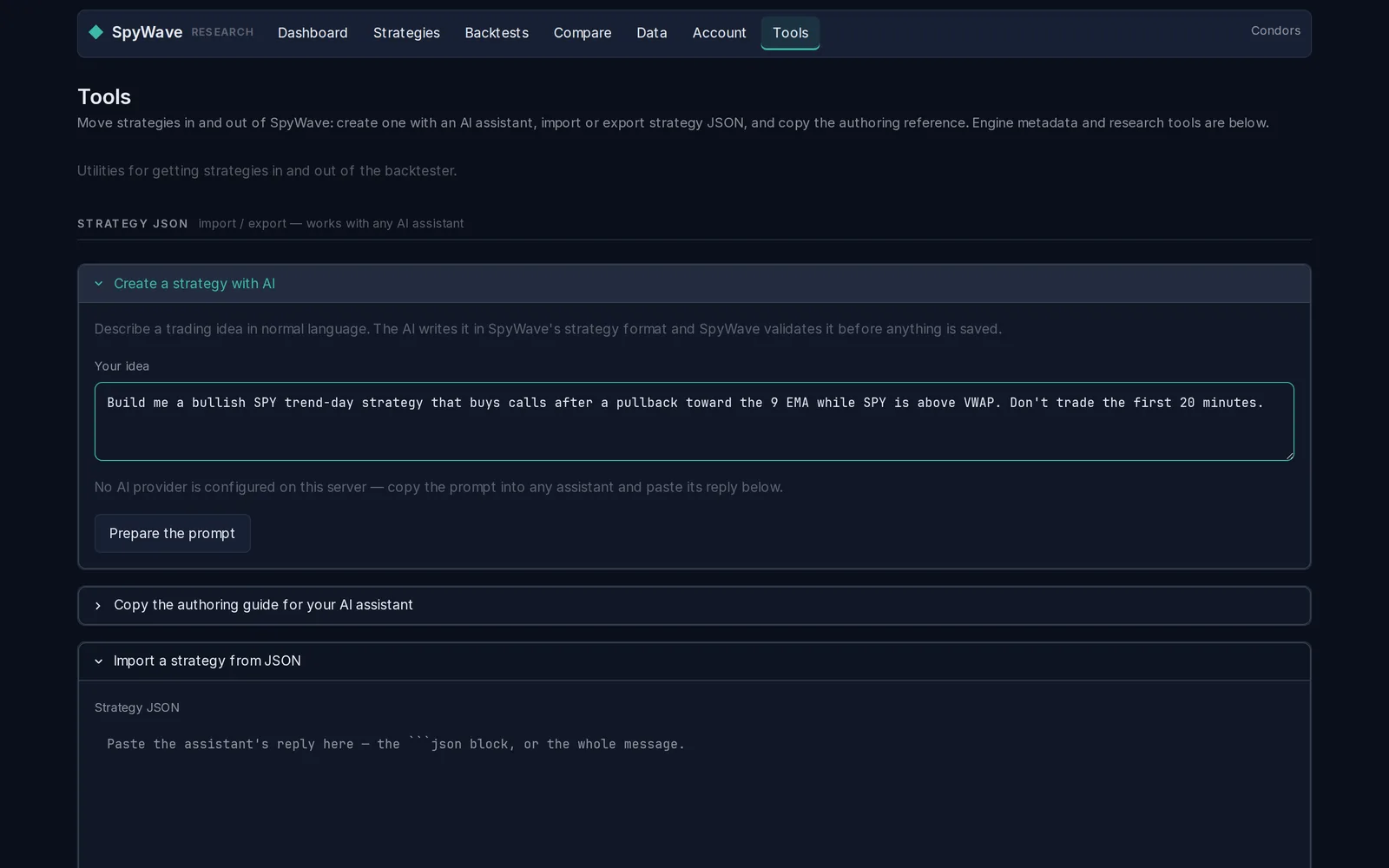 Create a strategy with AI panel with a plain-English idea typed into the Your idea box.